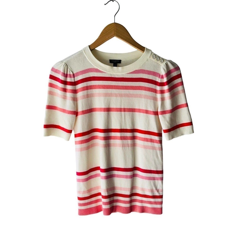 TALBOTS Size Petite S Pink and Cream Striped Short Sleeve Sweater